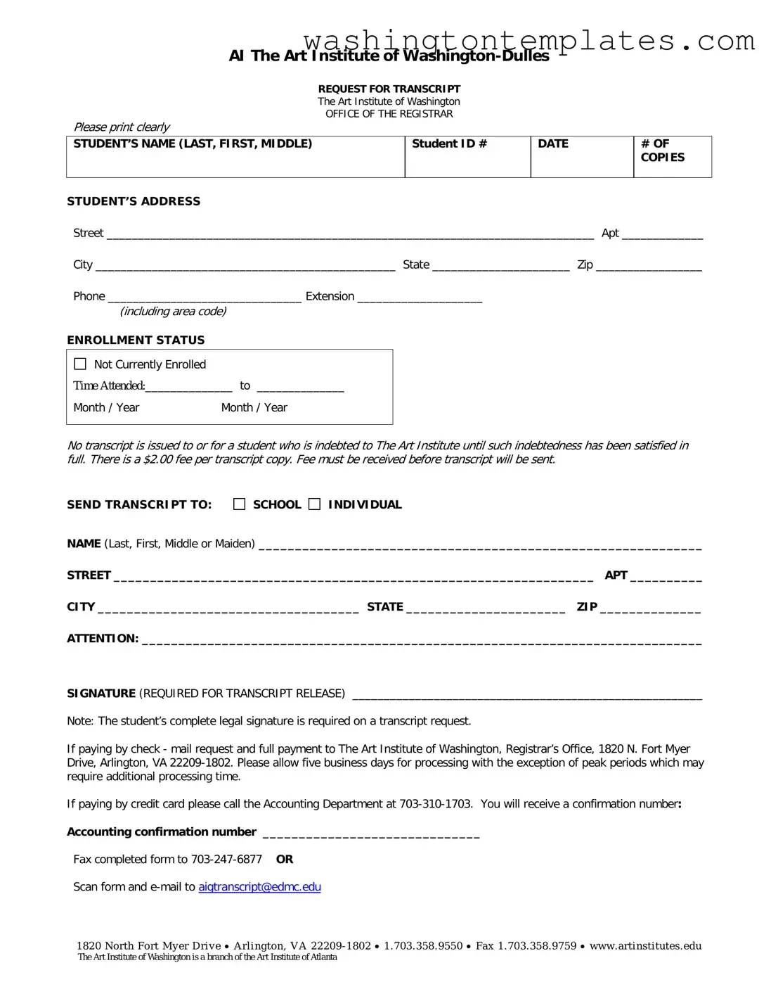 Get Art Institute Of Washington Transcript Request Template in PDF