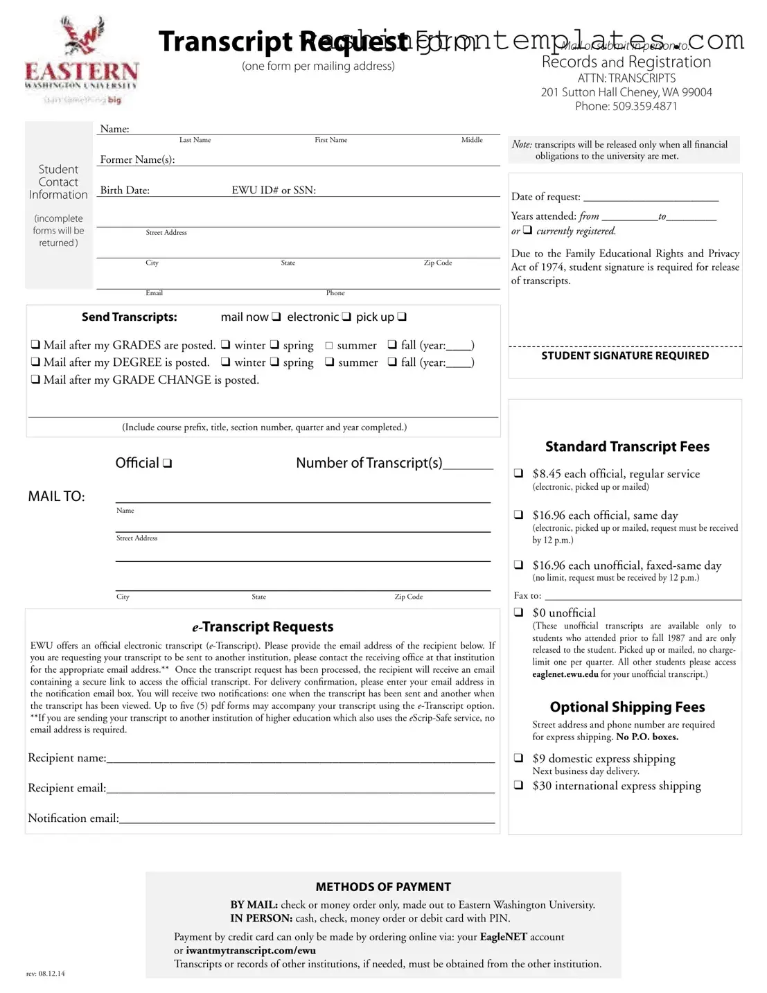 Get Eastern Washington University Transcript Template in PDF