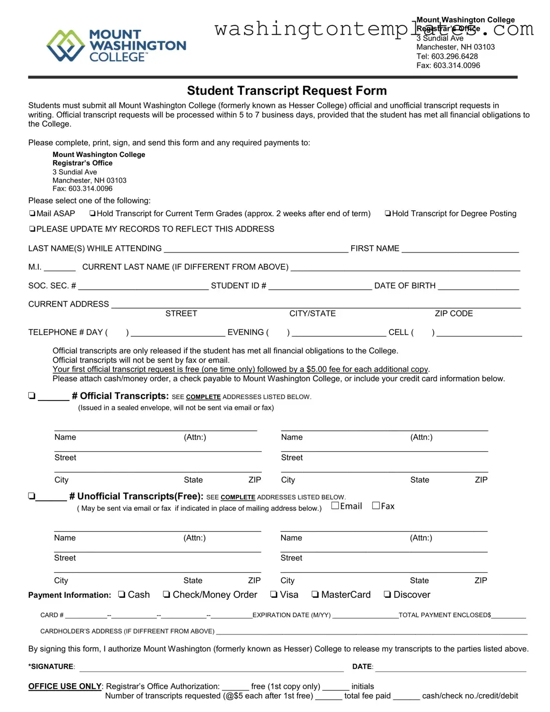 Get Mount Washington College Transcript Template in PDF