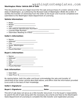 Legal Washington Motor Vehicle Bill of Sale Form