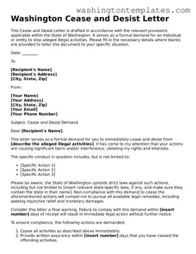 Legal Washington Cease and Desist Letter Form