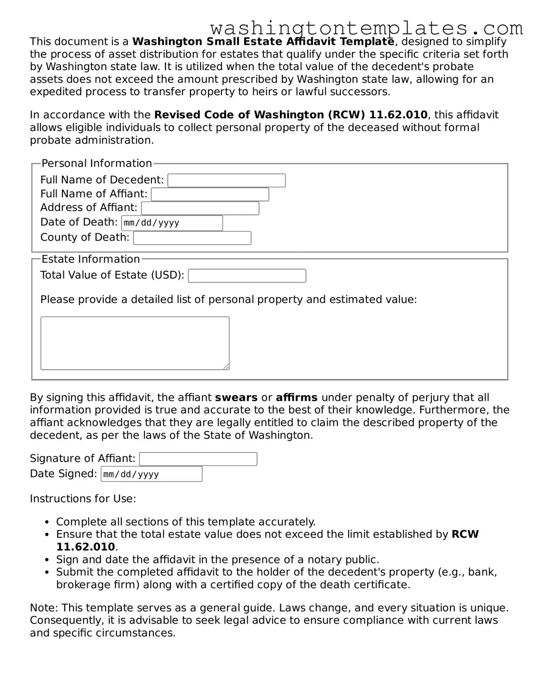 Legal Washington Small Estate Affidavit Form