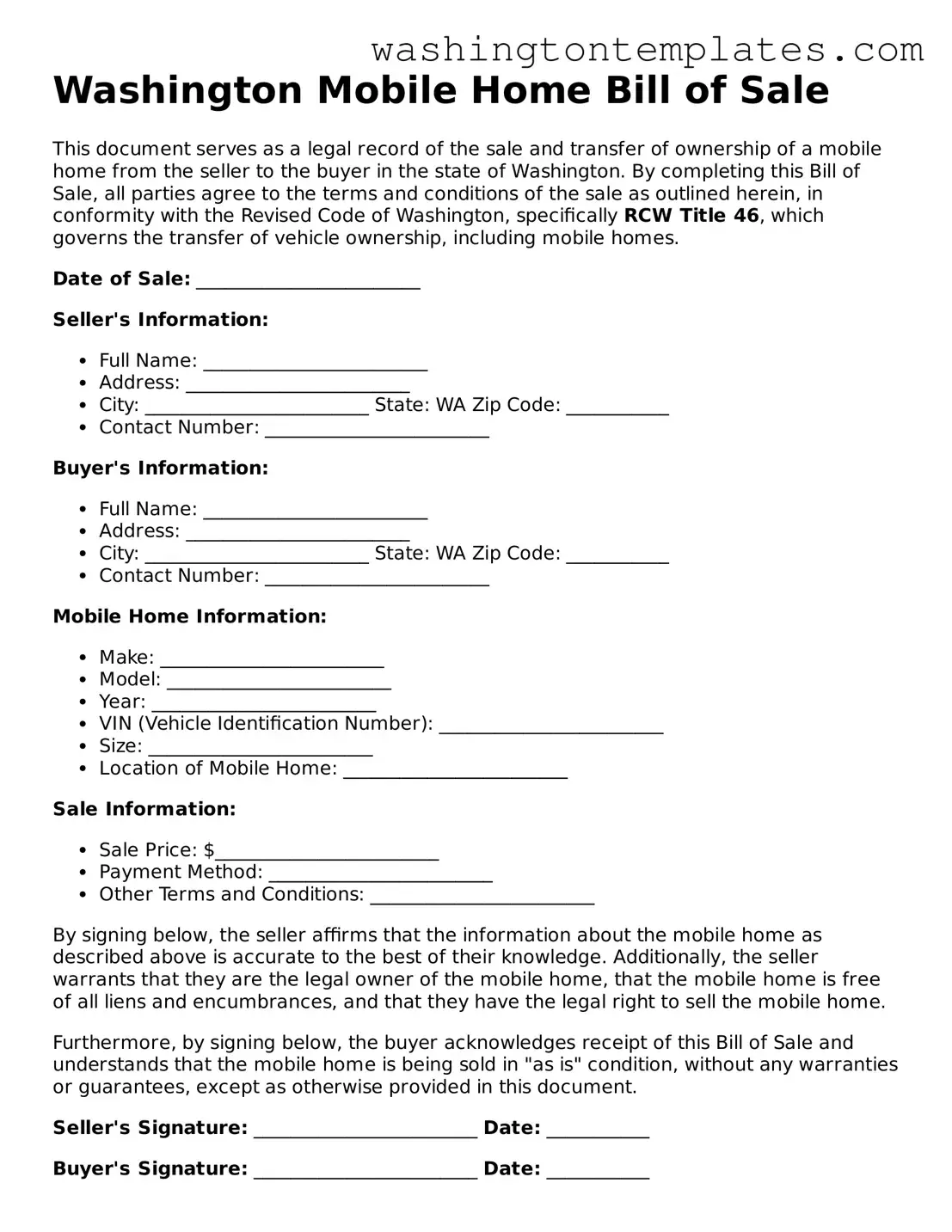 Legal Washington Mobile Home Bill of Sale Form