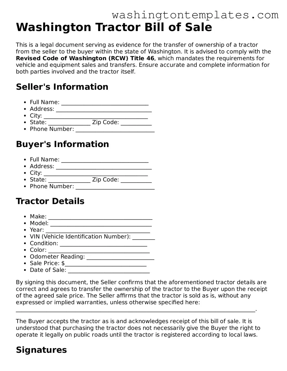 Legal Washington Tractor Bill of Sale Form