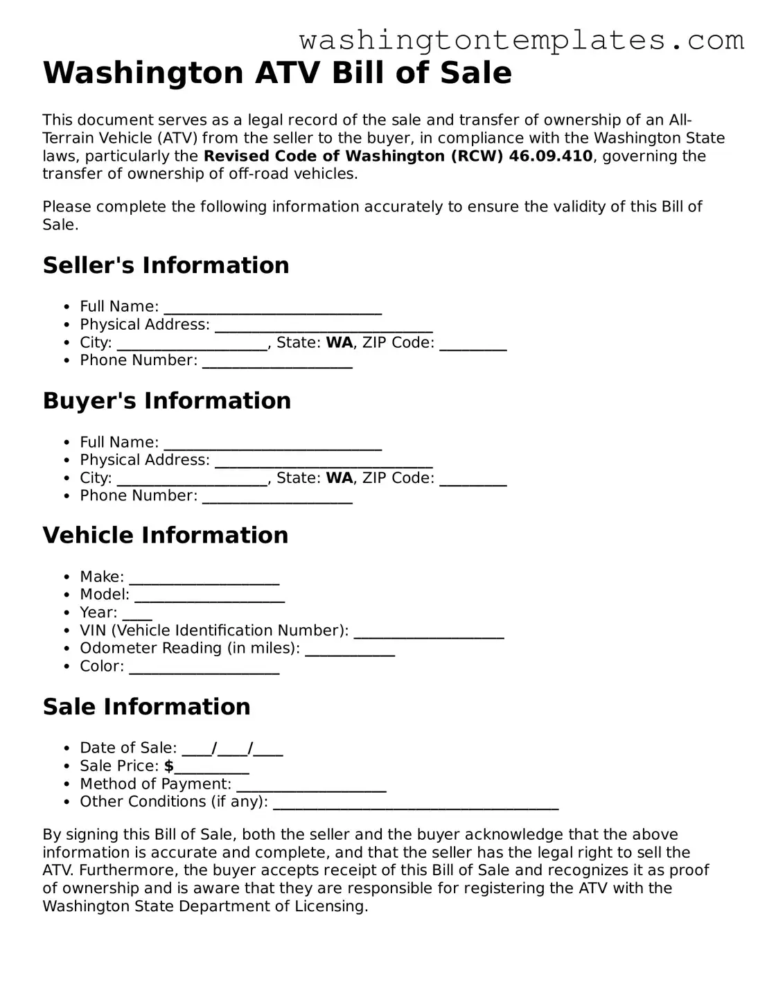 Legal Washington ATV Bill of Sale Form