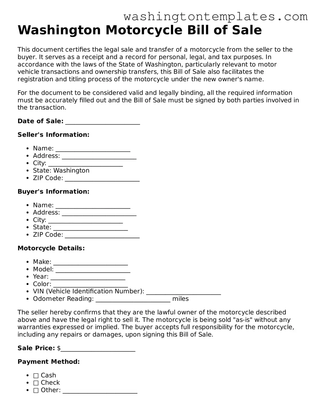 Legal Washington Motorcycle Bill of Sale Form