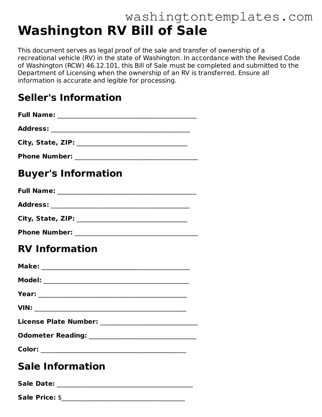 Legal Washington RV Bill of Sale Form