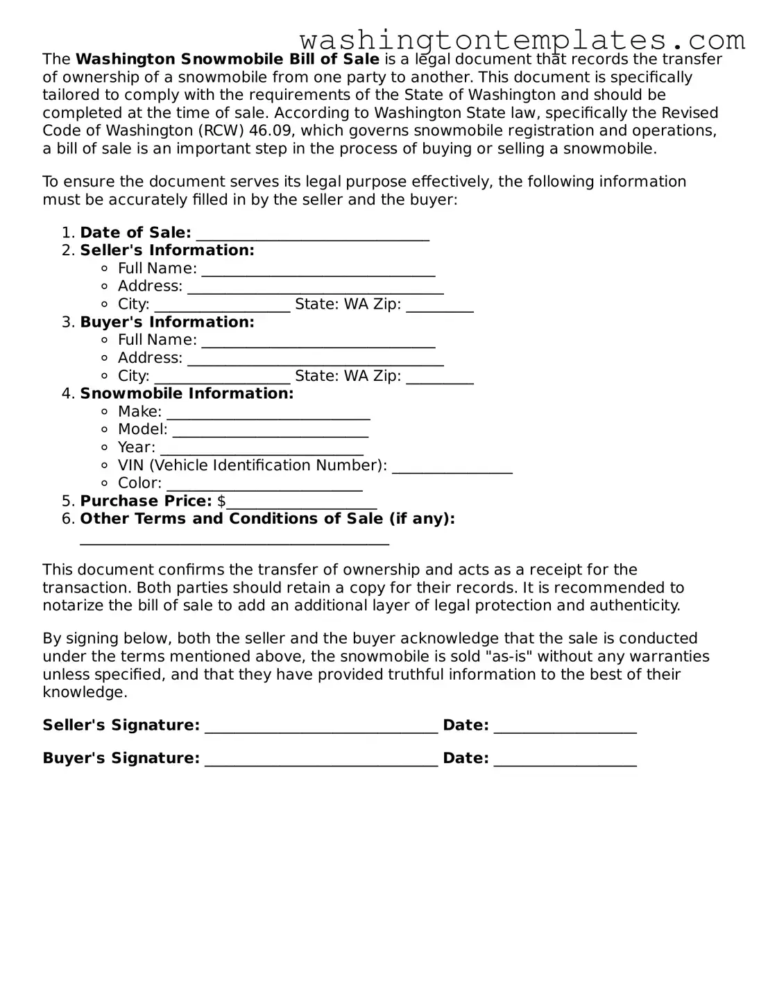 Legal Washington Snowmobile Bill of Sale Form