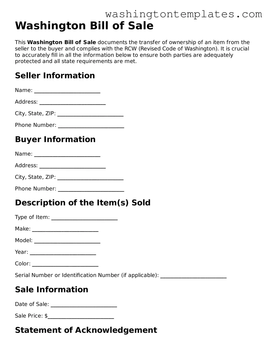 Legal Washington Bill of Sale Form