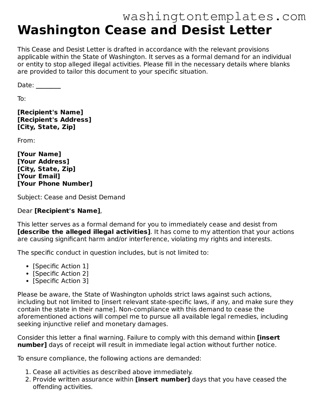 Legal Washington Cease and Desist Letter Form