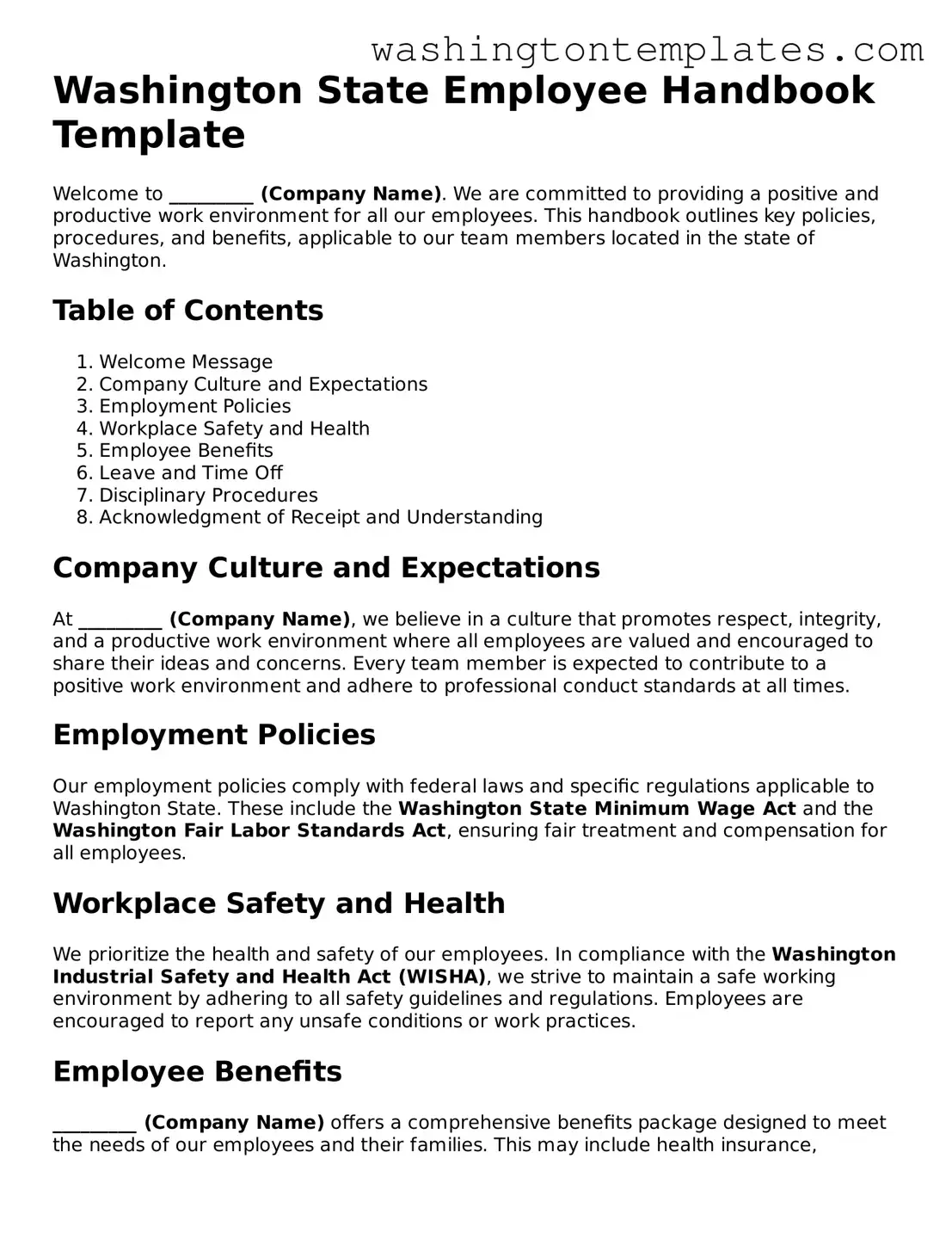 Legal Washington Employee Handbook Form