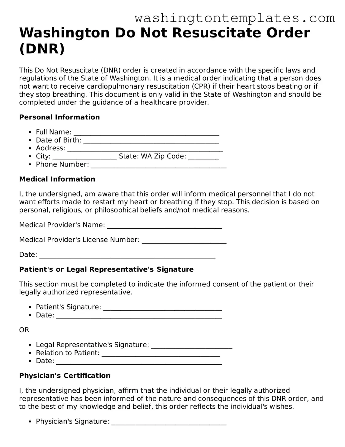 Legal Washington Do Not Resuscitate Order Form