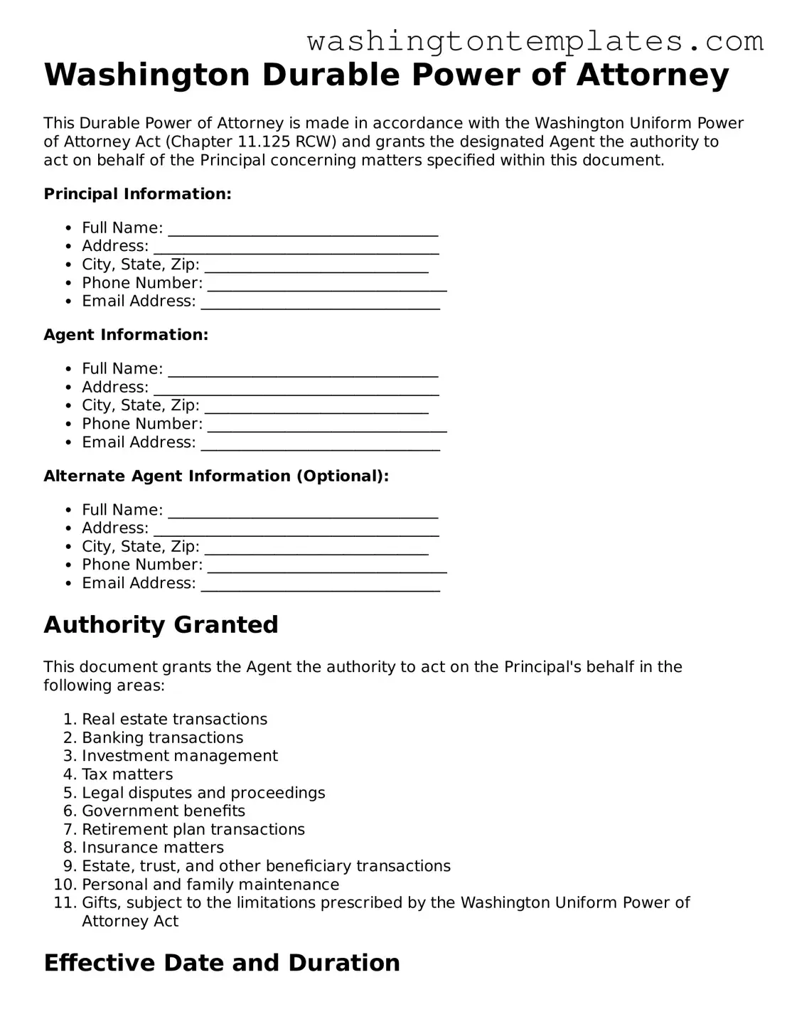 Legal Washington Durable Power of Attorney Form