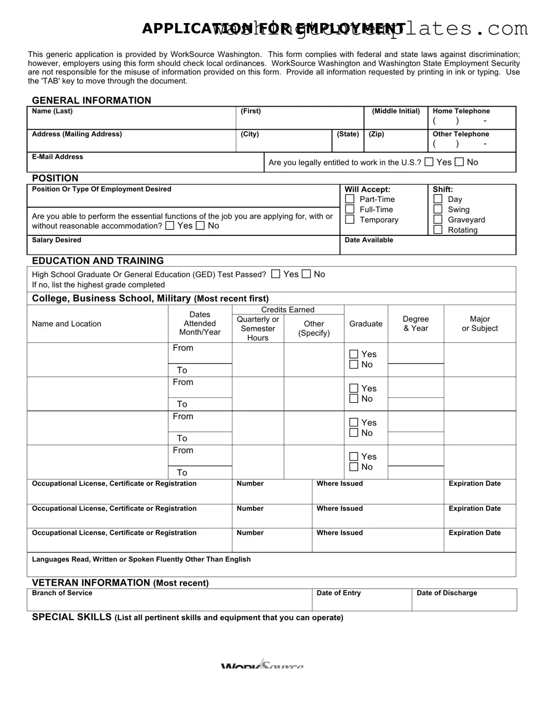 Get Washington Employment Application Template in PDF