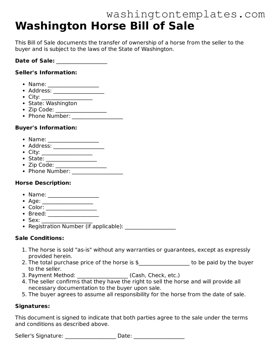 Legal Washington Horse Bill of Sale Form
