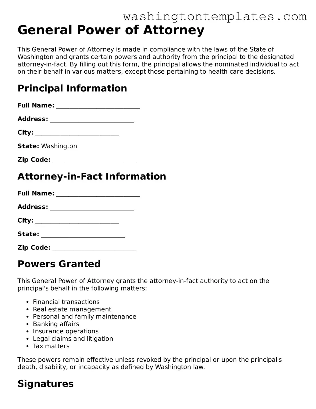 Legal Washington General Power of Attorney Form