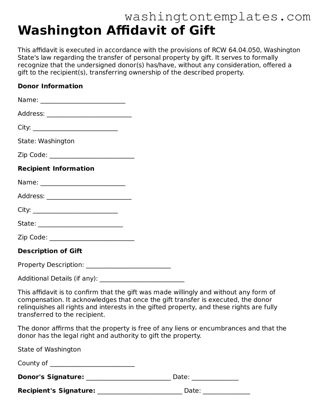 Legal Washington Affidavit of Gift Form