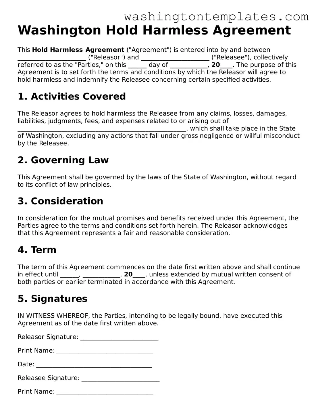 Legal Washington Hold Harmless Agreement Form