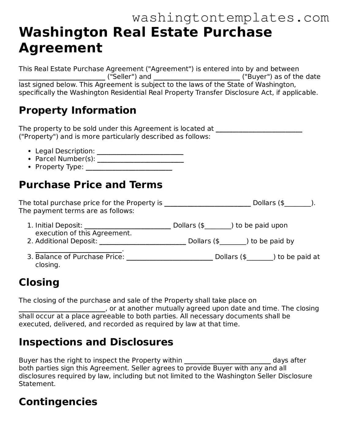 Legal Washington Real Estate Purchase Agreement Form