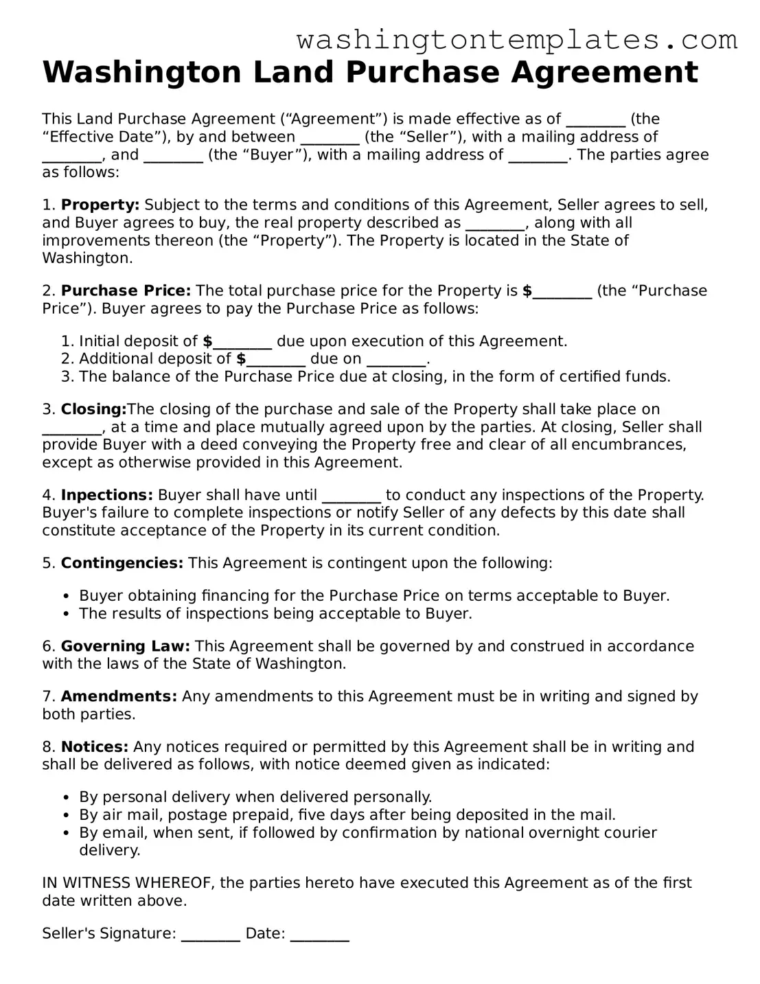 Legal Washington Land Purchase Agreement Form