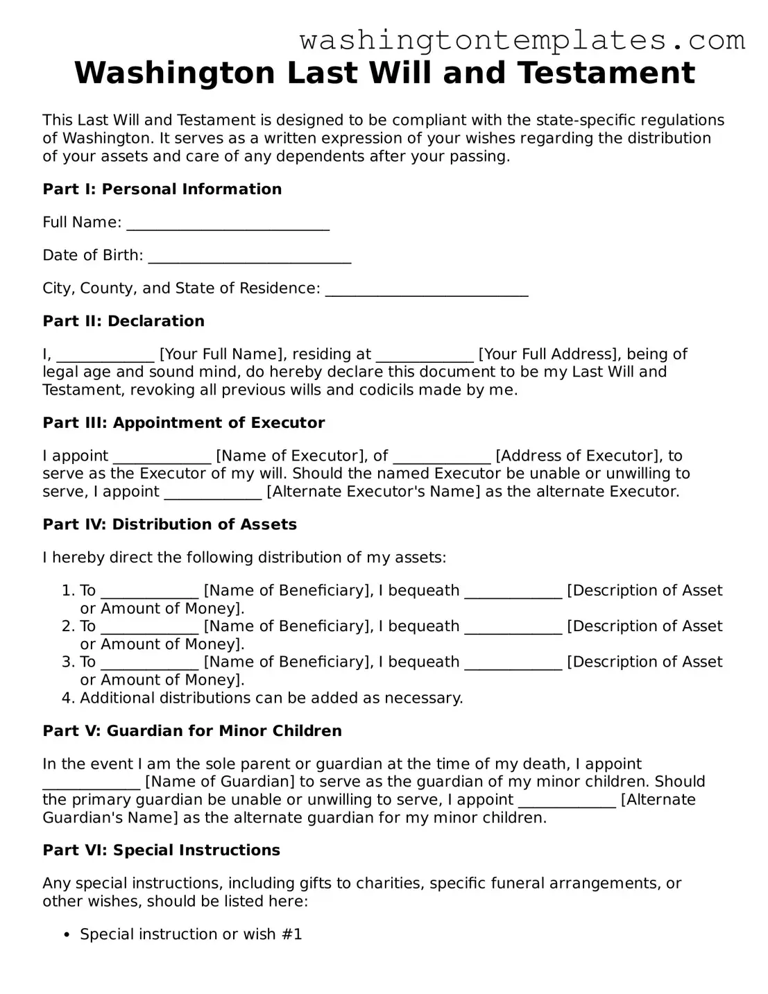 Legal Washington Last Will and Testament Form