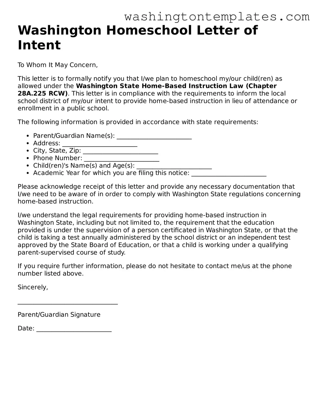 Legal Washington Homeschool Letter of Intent Form