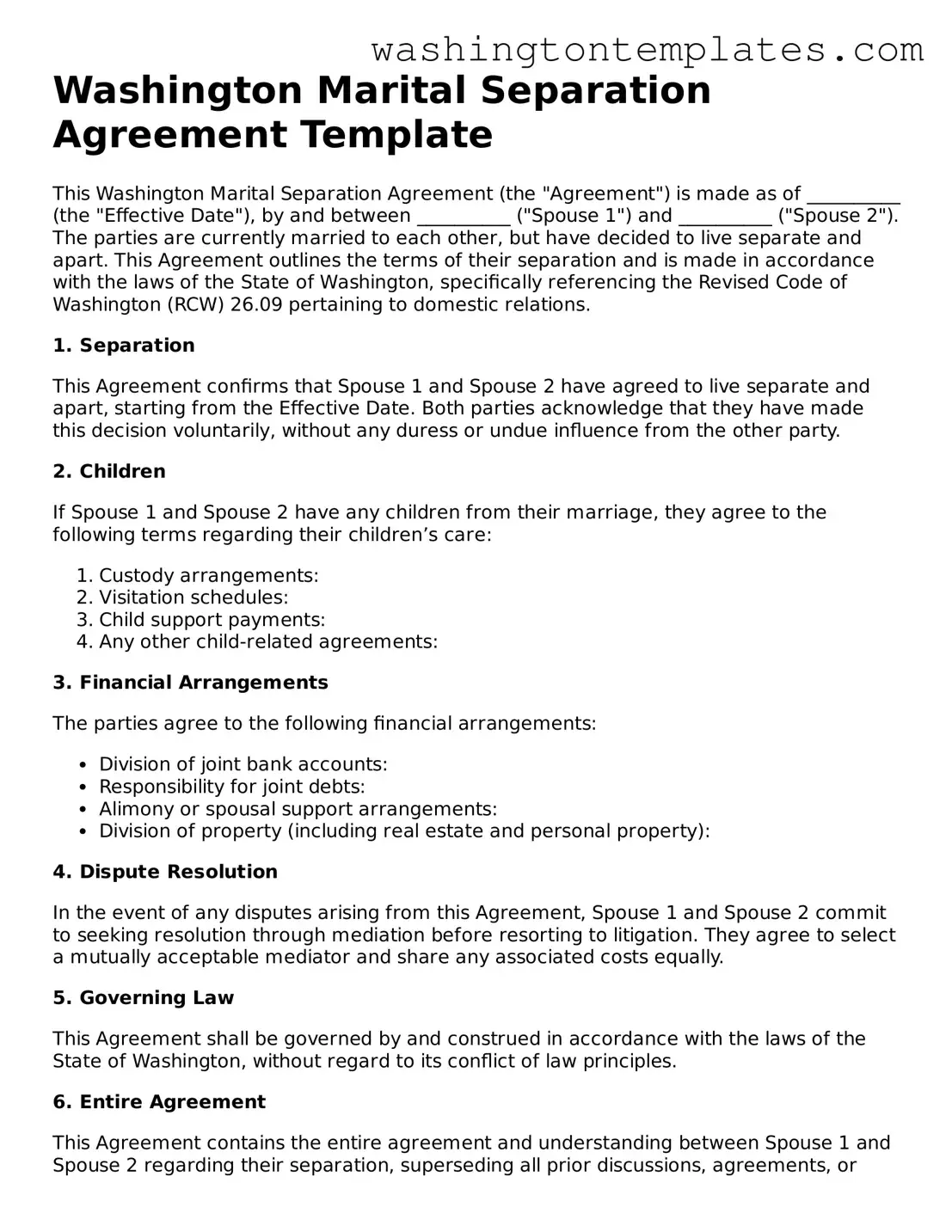 Legal Washington Marital Separation Agreement Form