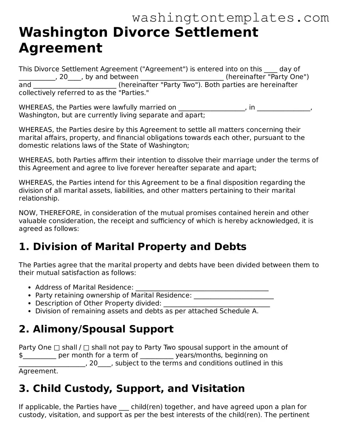 Legal Washington Divorce Settlement Agreement Form