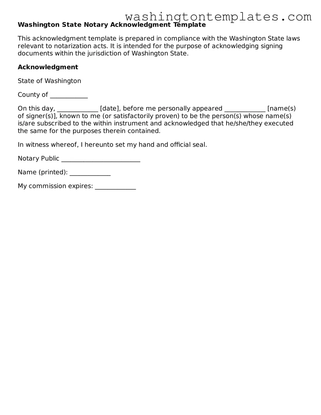 Legal Washington Notary Acknowledgement Form
