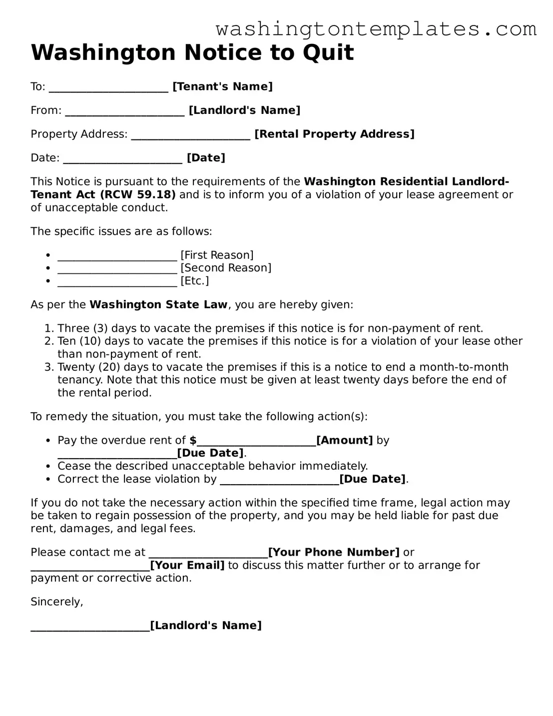 Legal Washington Notice to Quit Form