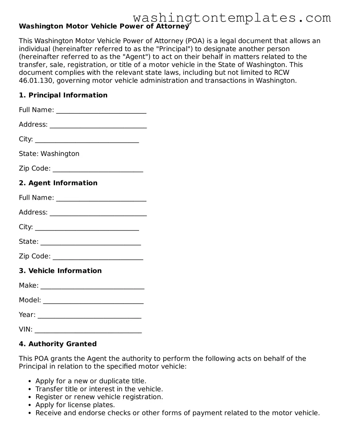 Legal Washington Motor Vehicle Power of Attorney Form
