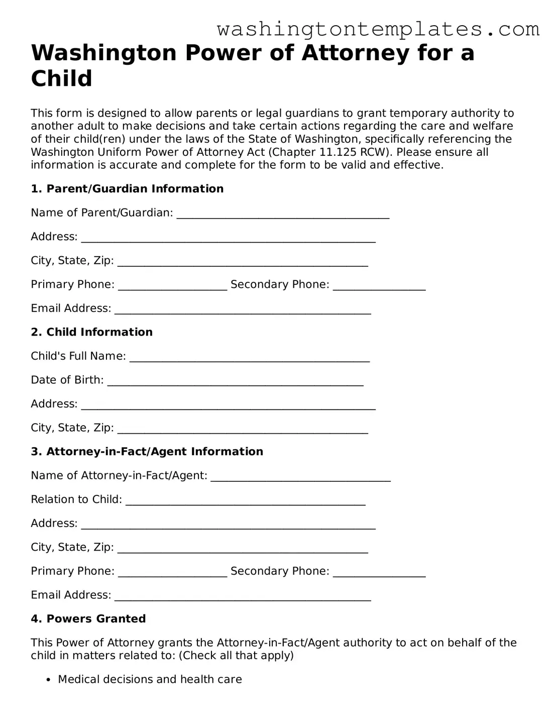 Legal Washington Power of Attorney for a Child Form