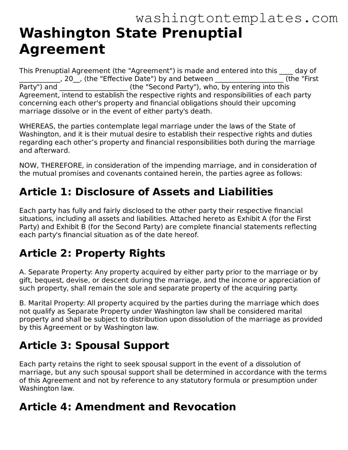 Legal Washington Prenuptial Agreement Form