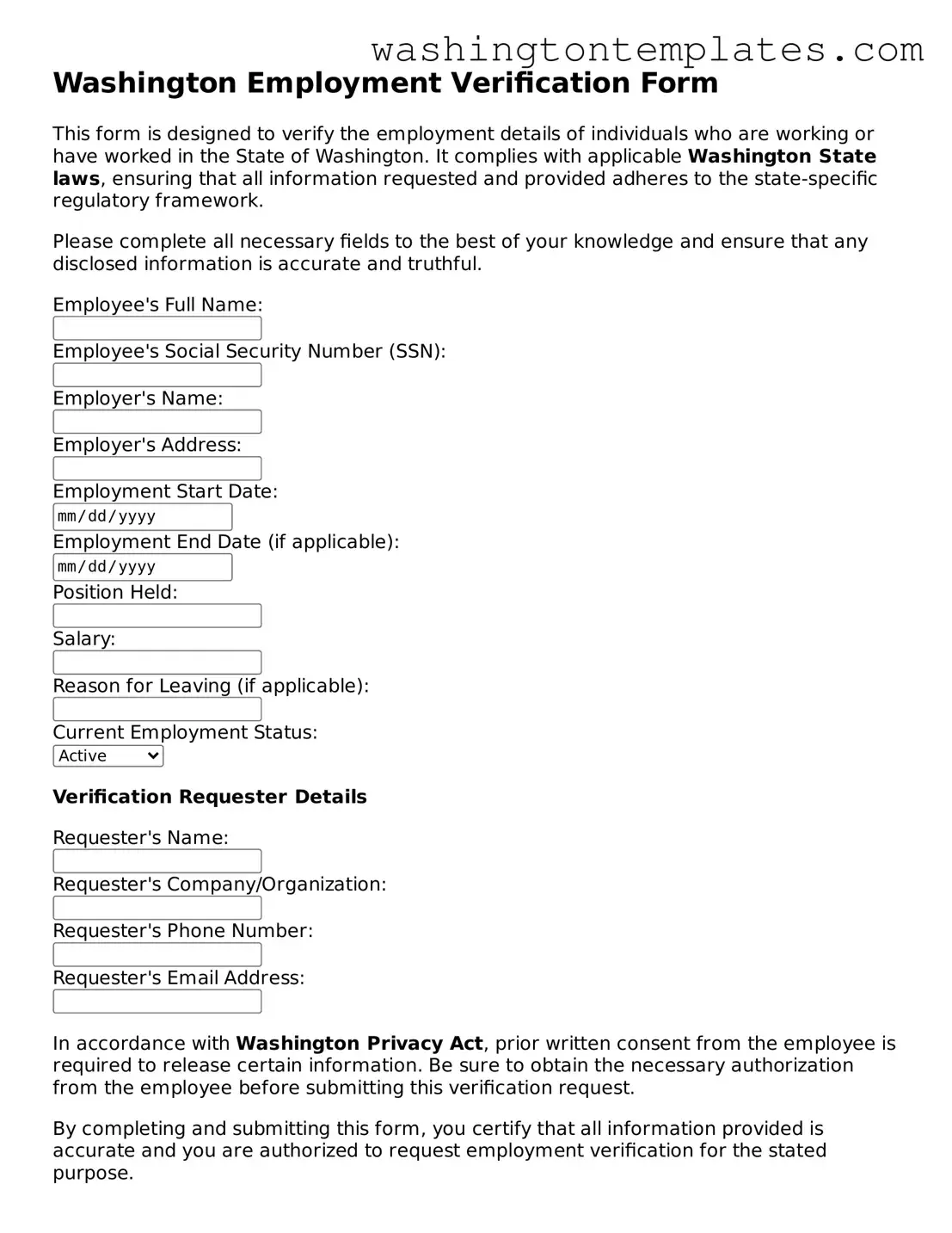 Legal Washington Employment Verification Form