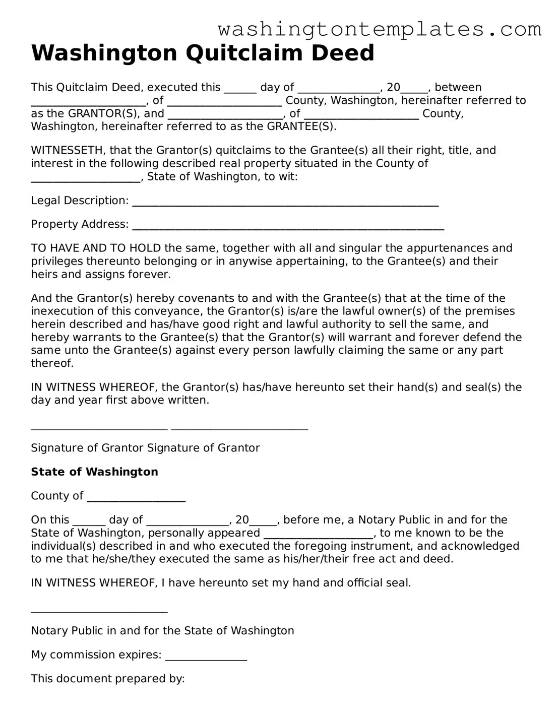 Legal Washington Quitclaim Deed Form