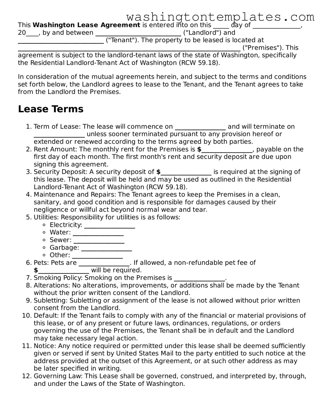 Legal Washington Lease Agreement Form