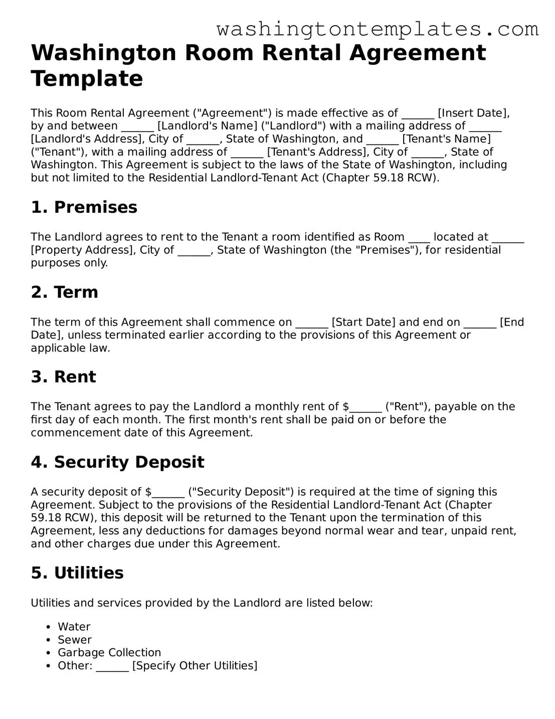 Legal Washington Room Rental Agreement Form