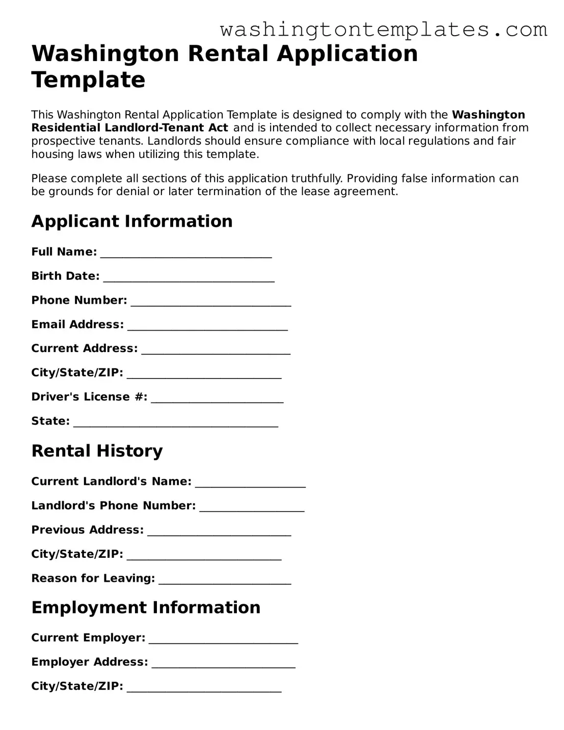 Legal Washington Rental Application Form