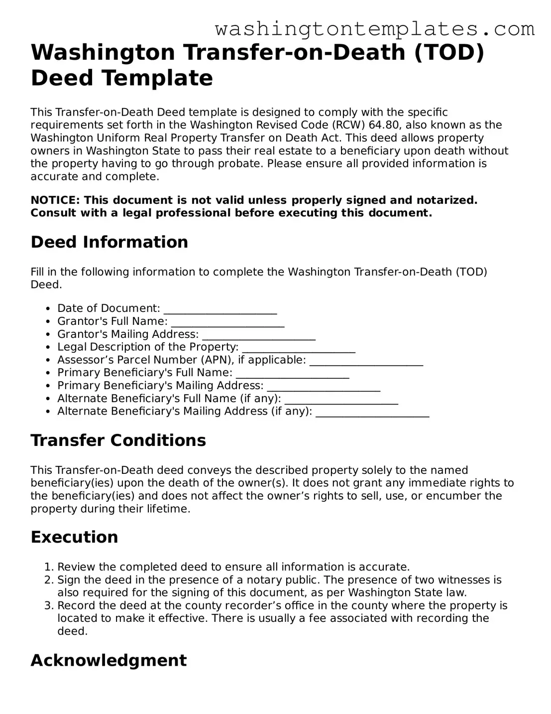 Legal Washington Transfer-on-Death Deed Form